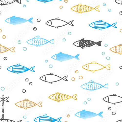 Seamless vector blue, golden, black fish pattern.