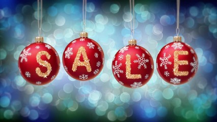 Wall Mural - Sale banner on red Christmas balls with round snow flake on bokeh background. 4K