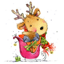 Cute Reindeer. Watercolor Illustration For New Year And Christmas Decoration