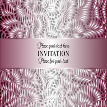 Abstract Background With Luxury Metal Pink Place For Text Vintage Tracery Made Of Feathers, Damask Floral Wallpaper Ornaments, Invitation Card Template, Fashion Pattern Onpink And Gray Background