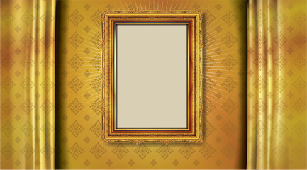 Fototapete - Thailand Royal gold frame on drake pattern background, Vintage photo frame on drake background, antique, vector design pattern