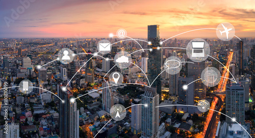 Aerial view panorama of Bangkok with network connection concept and technology i Wallpaper Mural