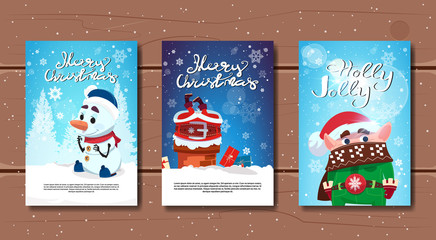 Set Of Merry Christmas Banners On Wooden Background Happy New Year Greeing Cards Collection Flat Vector Illustration