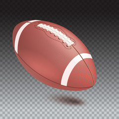 American striped football ball, diagonal position in frame. Realistic vector 3D illustration. Icon of the flying Rugby ball with shadow isolated on transparent background.