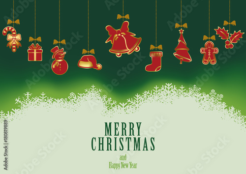 Hanging Christmas Elements - Red Ornaments with Golden Outline over Snowflake...