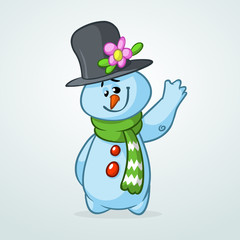 Wall Mural - Funny cartoon snowman waving. Christmas snowman character  illustration isolated