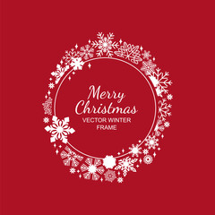 Wall Mural - White circle snowflake frame isolated on red background, Christmas design. Vector illustration, merry xmas snow flake framework