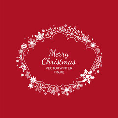 Wall Mural - White snowflake frame, festive decoration on red background, Christmas design for invitation, greeting card or postcard. Vector illustration, merry xmas snow flake framework