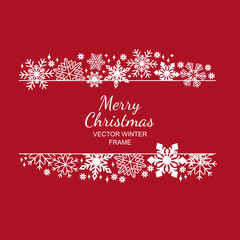 Wall Mural - White snowflake frame, decoration on red background, Christmas design for invitation card or postcard. Vector illustration, merry xmas snow flake framework