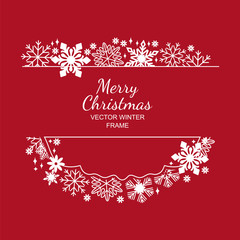 Wall Mural - White snowflake frame, decoration on red background, Christmas design for invitation, greeting card or postcard cover. Vector illustration, merry xmas snow flake framework