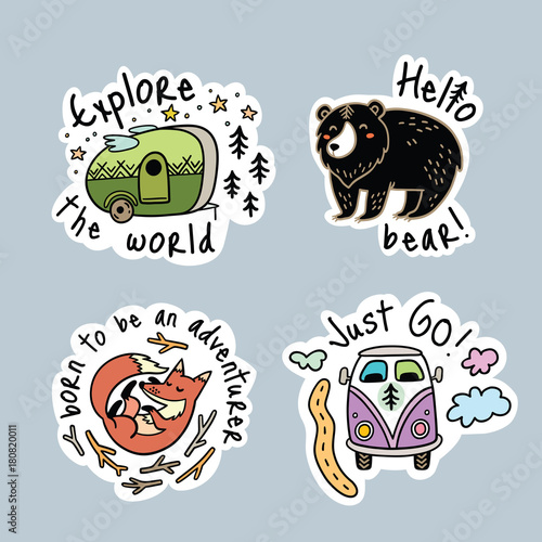 Photo Vector set of cartoon stickers, patches or pins for camping