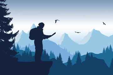 Wall Mural - Vector illustration of a mountain landscape with a forest and flying birds and a tourist holding a map