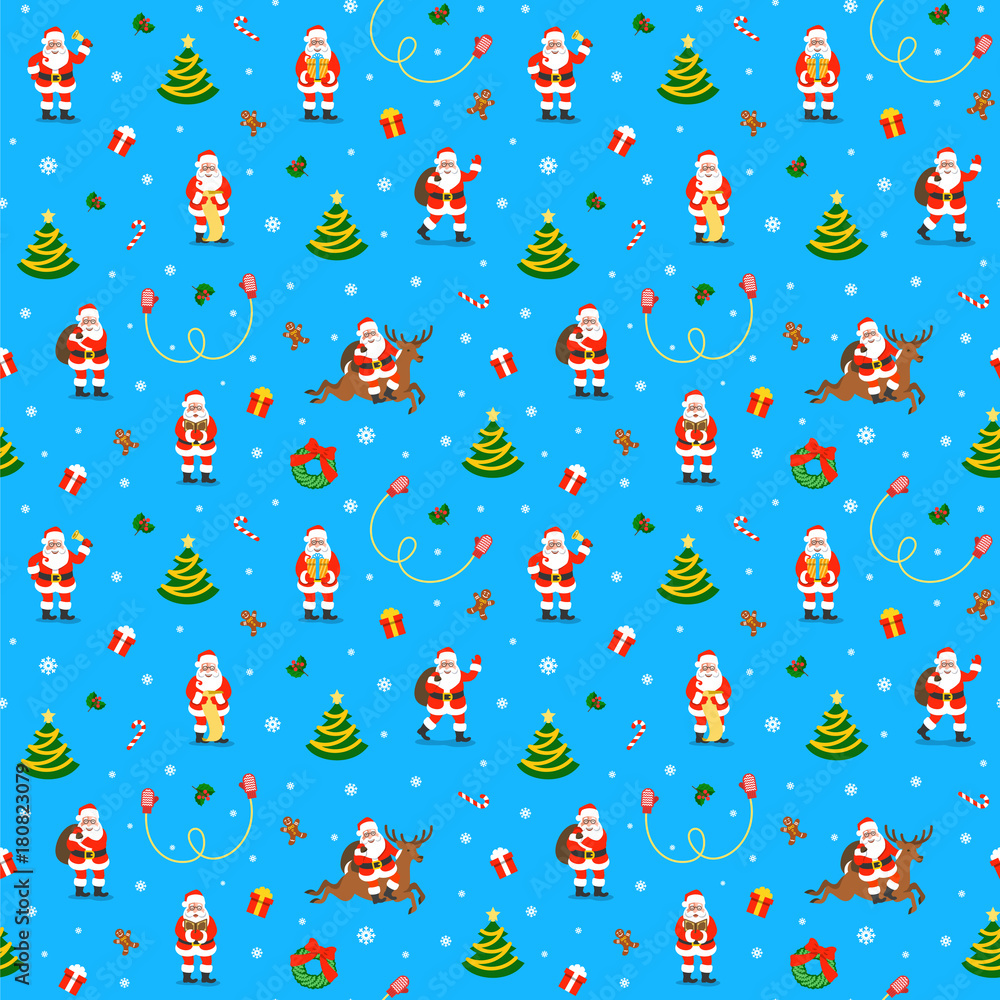Merry Christmas seamless pattern with funny Santa Claus in