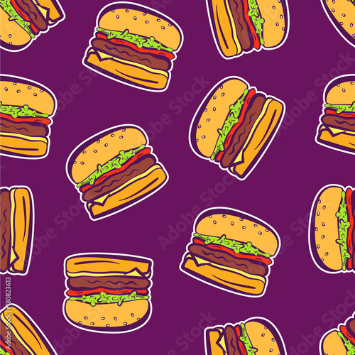 Cartoon Colorful Bright Outline Hamburger Stickers On Violet Or