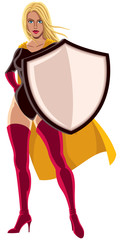 Wall Mural - Superheroine Holding Shield / Illustration of superheroine holding big shield on white background. 