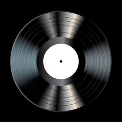 vector blank black LP vinyl record with white label on black background, realistic illustration