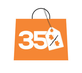 Wall Mural - Orange shopping bag with 35% text and a maple leaf percent design white price tag label on it isolated on white background. For autumn sale campaigns.