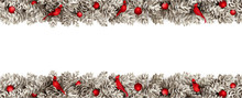Detailed Realistic Wide Christmas Garland. Xmas Border With Fir Cones Isolated On White Background. Vector Decoration For Holiday Designs. For Postcards Or Web Bannes