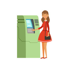 Sticker - Beautiful young successful rich woman character in red dress withdrawing money from ATM, financial success colorful flat vector Illustration