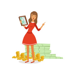 Poster - Beautiful young rich woman character in red dress counting her money with abacus, financial success colorful flat vector Illustration