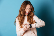 Happy Young Woman With Watch On Hand Winking.