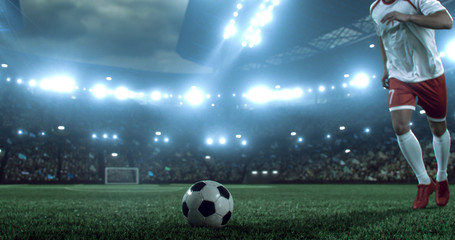 Soccer player kicks the ball on the soccer stadium. He wear unbranded sports clothes. Stadium and crowd made in 3D.