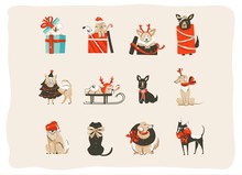 Hand Drawn Vector Abstract Fun Merry Christmas Time Cartoon Icons Illustrations Collection Set With Mammal Happy Dogs In Holidays Xmas Tree Costumes Isolated On White Background