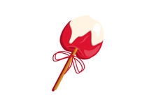 Red Apple In Caramel And Sweet Sprinkles With Stick In It. Simple Vector Illustration On White Background. Merry Christmas And New Year Holiday.