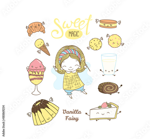 Set Of Different Hand Drawn Sweet Food Doodles With Kawaii Cartoon Faces Arms Legs Cute Fairy Girl With Wings And Magic Wand Isolated Objects On White Background Design Concept Dessert Kids