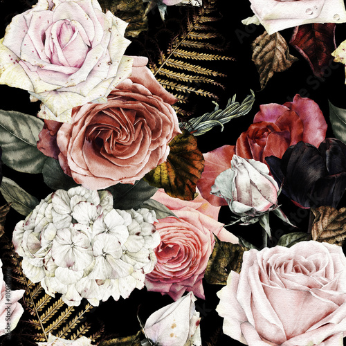 Naklejka dekoracyjna Seamless floral pattern with roses, watercolor.