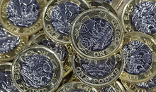 British Currency - Full Frame Close Up Of One Pound Coins In A Heap In A Horizontal Format
