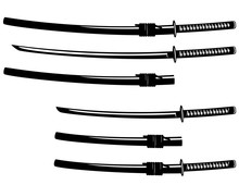 Katana And Wakizashi Swords - Black And White Vector Design Set Of Traditional Japanese Weapon
