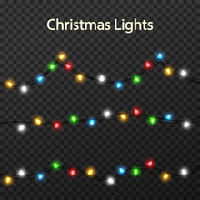 Color Garlands, Festive Decoration. Glowing Christmas Lights Isolated On Transparent Background. Vector Horizontal Objects.