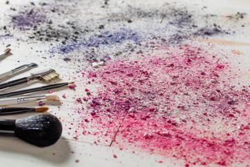 Poster - Girlie still life with makeup brushes, blush and eyeshadow colors