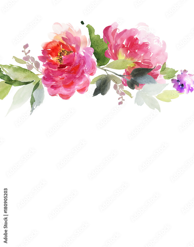 Greeting card with peonies watercolor painting. - obrazy, fototapety, plakaty 