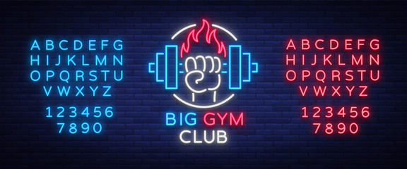 Wall Mural - Fitness, gym logo sign in neon style isolated, vector illustration. A glowing banner, a bright neon sign, a night advertisement of a fitness club, a sports hall, a sports club. Editing text neon sign