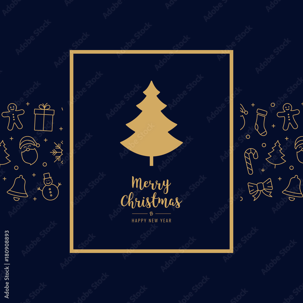 christmas tree icon card elements golden text greeting frame blue background - obrazy, fototapety, plakaty 