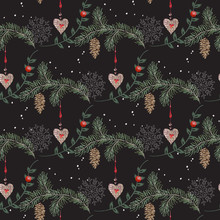 Embroidery Christmas Seamless Pattern With Hearts, Pine And Snow Balls. Vector Embroidered New Year Floral Design For Fashion, Fabric, Wrapping.