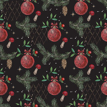 Embroidery Christmas Seamless Pattern With Mushrooms, Pine Cones And Balls. Vector Embroidered New Year Floral Design For Fashion, Fabric, Wrapping.