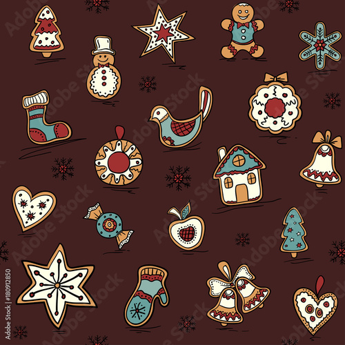 Stoffe zum Nähen Weihnachten Musterdesign mit Pfefferkuchen. Urlaub-Muster mit Weihnachts-Icons. Urlaub-Hintergrund.