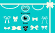 A set of vector design elements for a tiffany style party. White bows, beads, pearls on a blue background. Can be used for birthday, wedding,baby and bridal shower invitation.