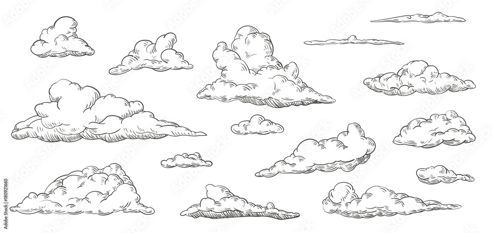 Set of clouds in hand drawn vintage retro style isolated on white background. Cartoon design elements. Vector illustration. - obrazy, fototapety, plakaty 