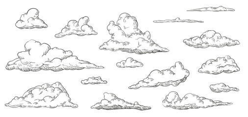 set of clouds in hand drawn vintage retro style isolated on white background. cartoon design element