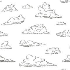 Wall Mural - Seamless pattern clouds in hand drawn vintage retro style isolated on white background. Cartoon design elements. Vector illustration.