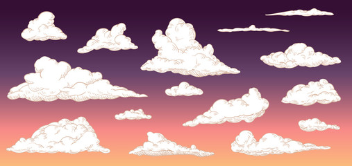 Wall Mural - Cartoon clouds on evening sky in vintage retro style. Vector illustration.