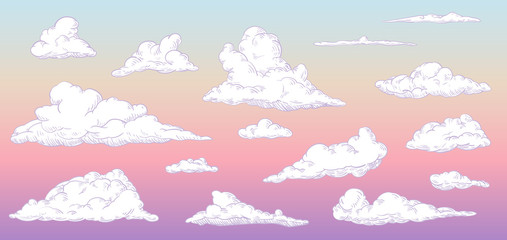 Wall Mural - Cartoon clouds on morning sky in vintage retro style. Vector illustration.