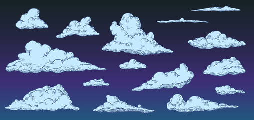 Poster - Cartoon clouds on night sky in vintage retro style. Vector illustration.