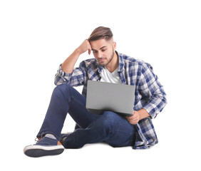 Sticker - Young man with laptop, isolated on white