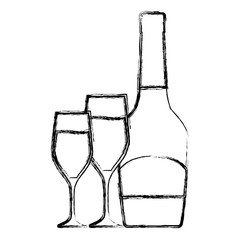 Wall Mural - flat line  uncolored  bottle  with glasses of champagne over white background  vector illustration