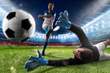 Fototapeta Sport - Goalkeeper kicks the ball in the stadium